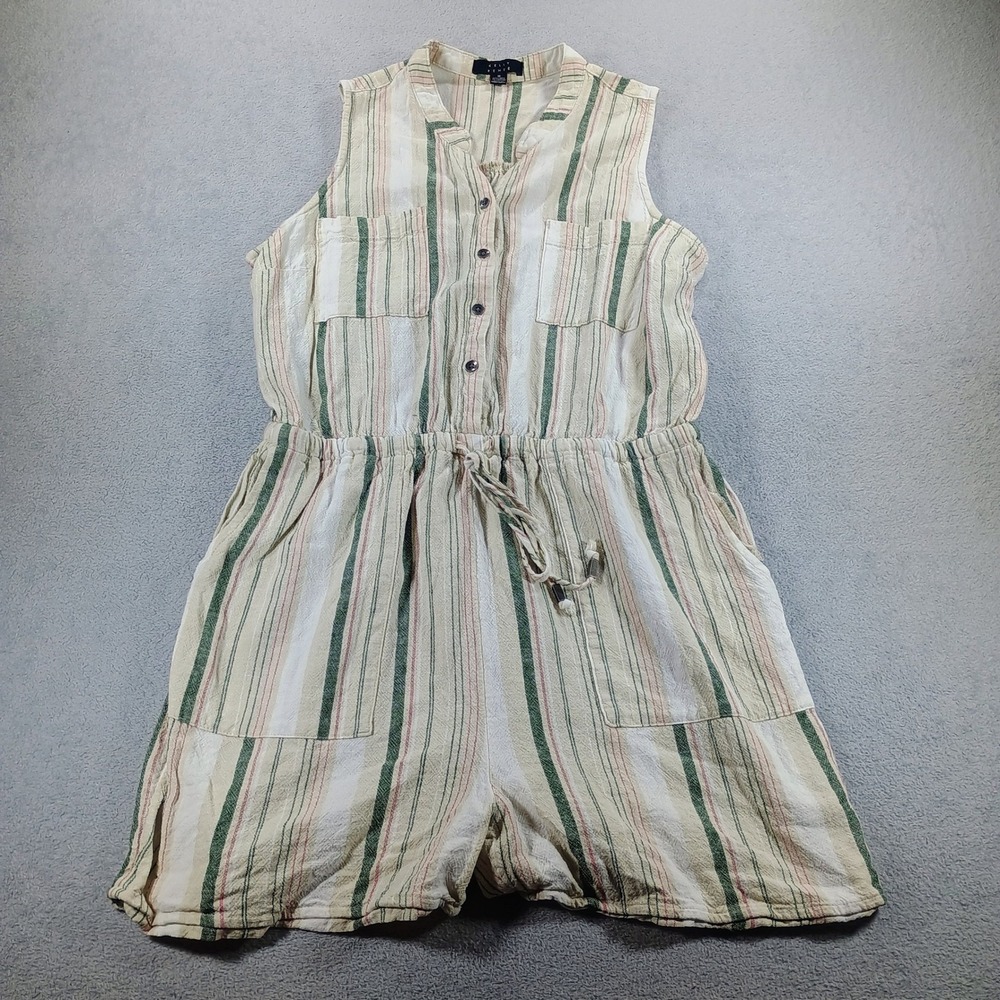 Kelly Renee Womens Striped Linen Blend Romper Cream Green M Drawstring Waist